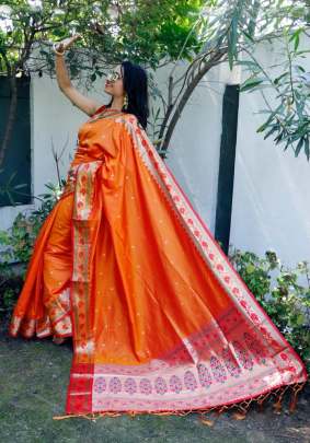 Designer Soft Banarasi Silk Saree With Self Jacquard Waving In Orange partywear sarees