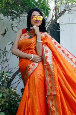 Designer Soft Banarasi Silk Saree With Self Jacquard Waving In Orange partywear sarees