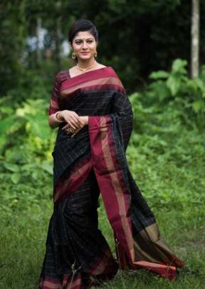 Designer Soft Raw Silk Saree In Black And Maroon 