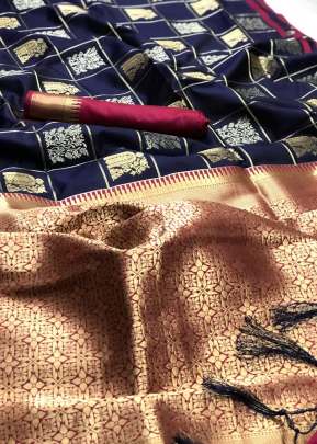 Designer Soft Silk Saree With Checks Design In Navy Blue