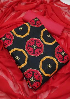 Exclusive Chanderi Dress Material In Black With Red Dress Material