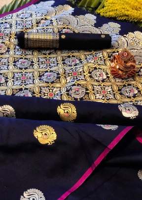 Exclusive Designer Banarasi Silk Saree With Plain Zari Border In Navy Blue Banarasi Silk Saree