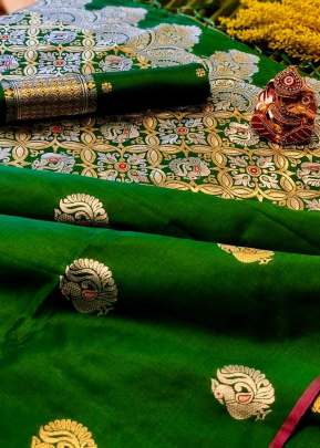 Exclusive Designer Banarasi Silk Saree With Plain Zari Border In Green Banarasi Silk Saree