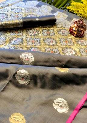 Exclusive Designer Banarasi Silk Saree With Plain Zari Border In Grey Banarasi Silk Saree