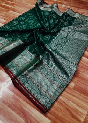 Exclusive Designer Banarasi Silk Saree With  Jacquard Pallu In Bottle Green