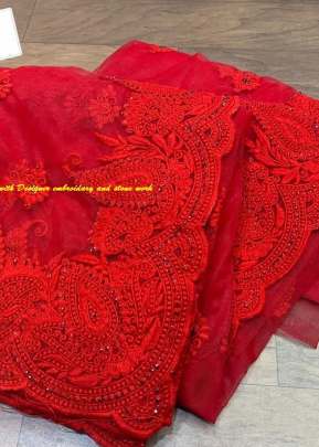 Exclusive Designer Embroidery worked Soft Net saree In Red Net Saree