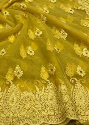 Exclusive Designer Embroidery worked Soft Net saree In Yellow Net Saree