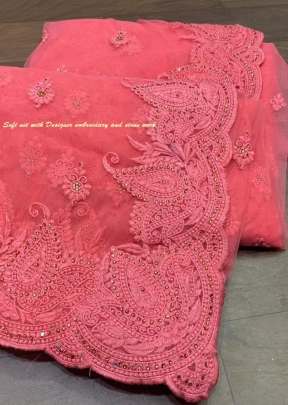 Exclusive Designer Embroidery worked Soft Net saree In Peach Net Saree