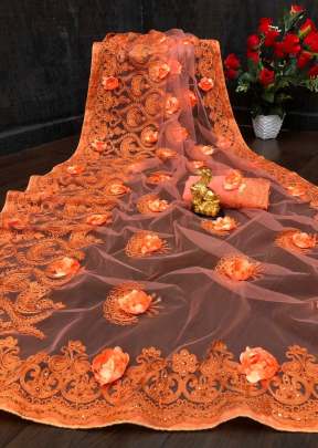 Exclusive Designer Havy Nylon Net Saree In Orange Net Saree