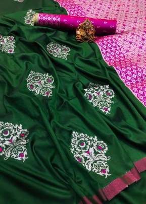 Exclusive Designer Lichi Silk Saree With Zari design In Dark Green