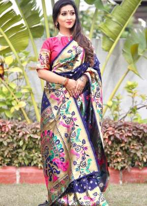 Exclusive Designer Lichi Silk Saree In Navy Blue