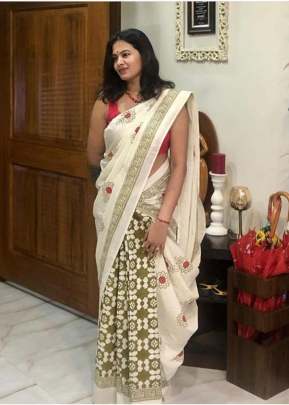 Exclusive Fancy Look Smooth Silk Saree With Beautiful Flower Design In White SILK SAREE