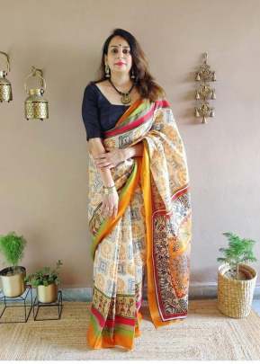 Exclusive Fancy Look Smooth Silk Saree With Beautiful Printed F Design In White and Yellow SILK SAREE