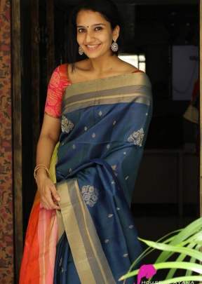 Exclusive Fancy Look Smooth Silk Saree with Lining Design In Navy Blue And Paech SILK SAREE