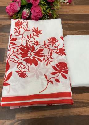 Exclusive Fancy Look Smooth Silk Saree With Beautiful Red Flower Printed Design In White SILK SAREE