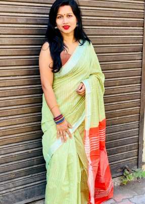 Exclusive Fancy Pure Linen Saree In Light Green