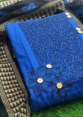 Exclusive Slub Cotton With Embroidery Work Dress Material in Royal Blue Dress Material