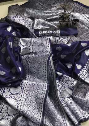 Exclusive Soft Banarasi Silk With Weaving Silver Zari Saree In Navy Blue