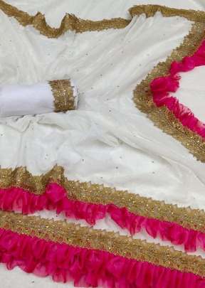 Fancy Designer Pure Moss Thousand Butti Silk Saree In White And Pink