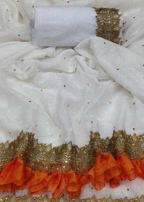 Fancy Designer Pure Moss Thousand Butti Silk Saree In White And Orange partywear sarees