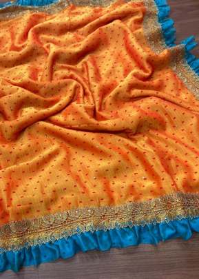 Fancy Designer Pure Moss Thousand Butti Silk Saree In Orange And Sky Blue