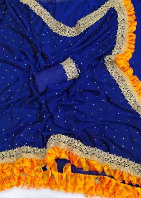 Fancy Designer Pure Moss Thousand Butti Silk Saree In Orange And Dark Blue