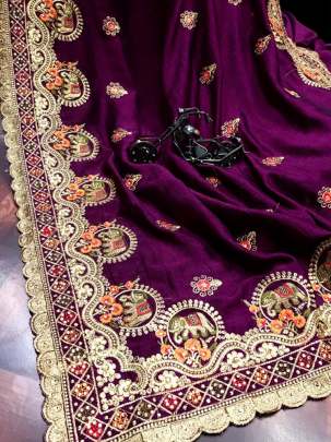 Fancy Designer Vichitra Silk  Embroidery Work Saree In Wine