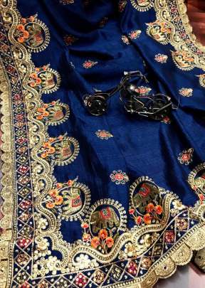 Fancy Designer Vichitra Silk  Embroidery Work Saree In Royal Blue