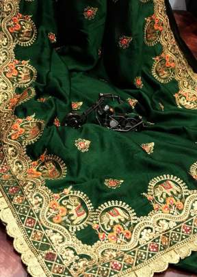 Fancy Designer Vichitra Silk  Embroidery Work Saree In Green