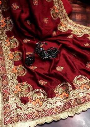 Fancy Designer Vichitra Silk  Embroidery Work Saree In Maroon