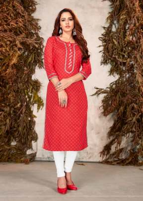 Fancy Havy Reyon Printed Kurti With Gotta Patti Design In Peach