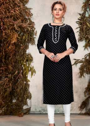 Fancy Havy Reyon Printed Kurti With Gotta Patti Design In Black