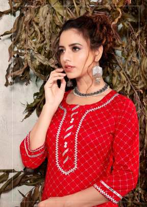 Fancy Havy Reyon Printed Kurti With Gotta Patti Design In Red printed kurtis