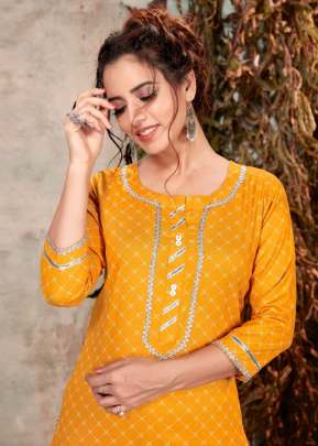 Fancy Havy Reyon Printed Kurti With Gotta Patti Design In Yellow printed kurtis