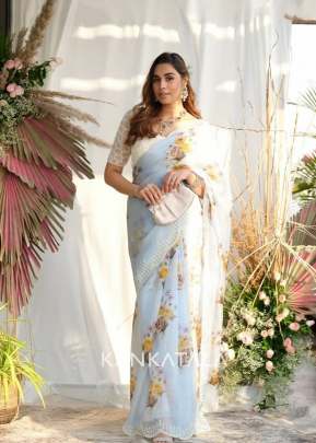 Fancy Party Wear Soft Organza Saree With Embroidery Work In Sky Blue organza saree