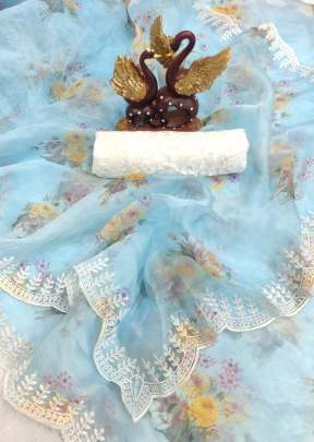 Fancy Party Wear Soft Organza Saree With Embroidery Work In Sky Blue organza saree