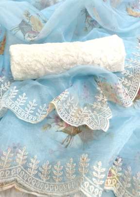 Fancy Party Wear Soft Organza Saree With Embroidery Work In Sky Blue organza saree