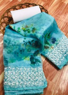 Georges Organza Silk Saree With Floral Digital Print In Sky Blue organza saree