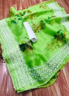 Georges Organza Silk Saree With Floral Digital Print In  Parrot Green SILK SAREE