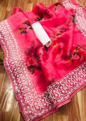 Georges Organza Silk Saree With Floral Digital Print In  Pink SILK SAREE