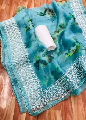 Georges Organza Silk Saree With Floral Digital Print In Sky Blue SILK SAREE