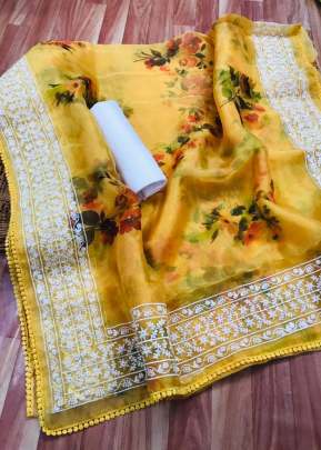 Georges Organza Silk Saree With Floral Digital Print In Yellow SILK SAREE