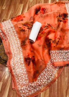 Georges Organza Silk Saree With Floral Digital Print In Orange SILK SAREE