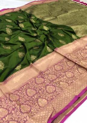 Green Color Saree With Golden Butta And Peach Patta Kanchipuram Silk Saree