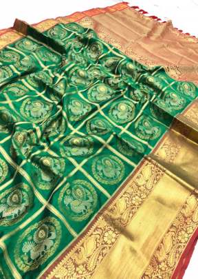 Green Peacock World Gold Red Patta Color Kanchipuram Silk Saree