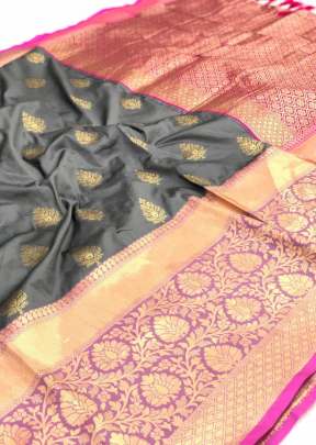 Grey Color Saree With Golden Butta And Peach Patta Kanchipuram Silk Saree