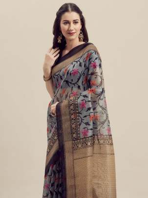 Grey & Gold-Toned Art Silk Printed Saree cotton sarees