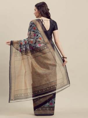 Grey & Gold-Toned Art Silk Printed Saree cotton sarees