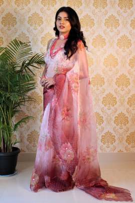 Hand Work Flower Prints With Organza Saree organza saree