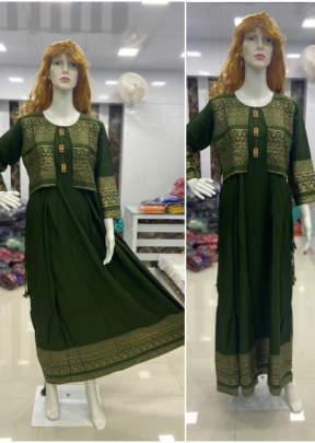 Leela Hit Long Gown Kurti With Fancy Button In Rich Olive Green Color  fancy kurtis